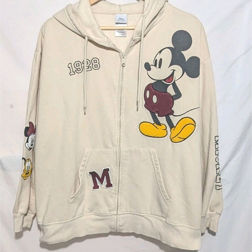 Disney Mickey Mouse Minnie Pluto Full Zip Embroidered 1928 Hoodie Ivory sz XXL